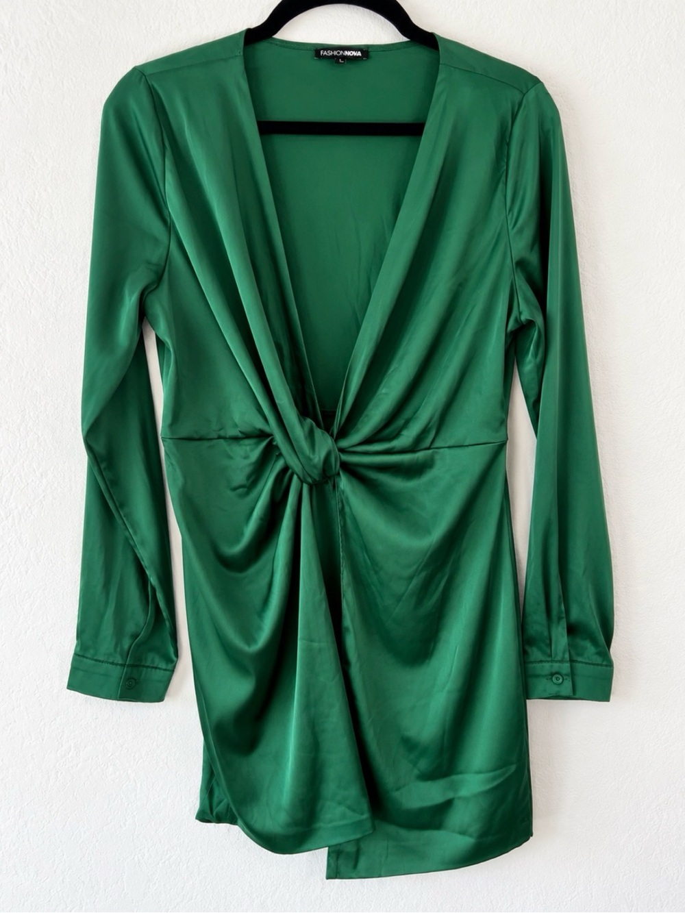 Fashion Nova Emerald Green Satin Knot-Front Chemise
